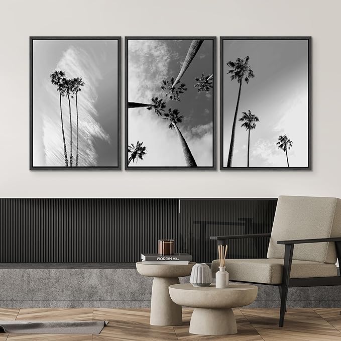 SIGNWIN 3 Piece Framed Canvas Wall Art Black and White Palm Tree Canvas Prints Home Artwork Decoration for Living Room,Bedroom - 16"x24"x3 Panels