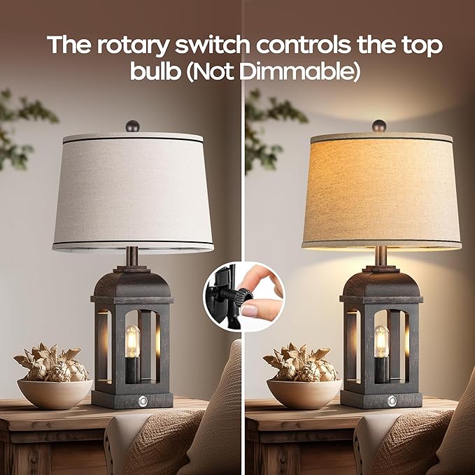 QiMH Table Lamp for Living Room, Farmhouse Lamps with USB A+C and Nightlight, 26" Rustic Bedside Lamps with 3-Way Dimmable Touch Control, Nightstand Lamp for Bedroom, Bronze, 1 Pack