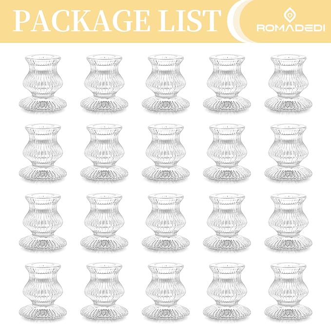 Romadedi Glass Candle Holder for Candlestick - 20 Pcs Clear Small Tapered Candle Holder Decor Bulk Wedding Table Centerpiece for Candle Sticks Christmas Party Living Room Dinner Advent