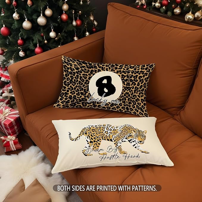 Coquette Pink Bow Leopard Print Lips Lucky 8 Ball Throw Pillow Covers 20x12, Cheetah Print Room Decor, Funky Y2K Leopard Decorative Pillow Covers for Girls Room Dorm Apartment Home，Set of 2