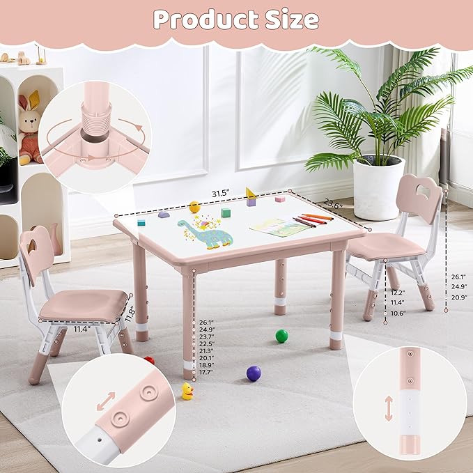 Kids Table and 2 Chairs Set, Height Adjustable (17.7"-26.1") Toddler Table and Chair Set, Multi-Activity Table with Graffiti Desktop, Children’s Table and Chairs for Classroom, Home & Daycare