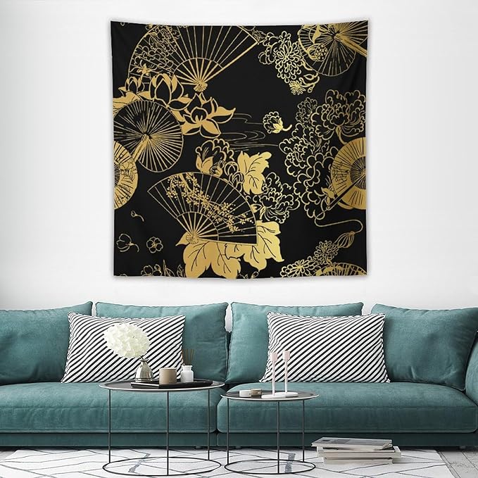 HZOHNAGO Japanese Tapestry Gold Flowers Umbrella Fan Pattern Printed Wall Tapestry Painting Wall Hanging for Bedroom Living Room Dorm 60" W x 60" H