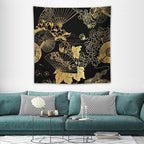 HZOHNAGO Japanese Tapestry Gold Flowers Umbrella Fan Pattern Printed Wall Tapestry Painting Wall Hanging for Bedroom Living Room Dorm 60" W x 60" H
