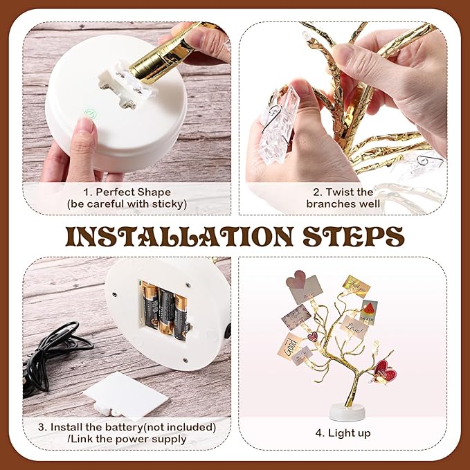 Mudder Money Holder Tree Present Card Holder with 12 Clear Clips LED Birch Twig Lights Tabletop Display Tree for Christmas, Valentines, Memo, Photo, Wedding(Cute Style,Gold, Warm White)