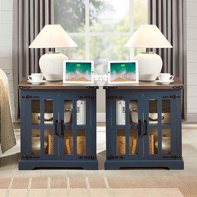 Farmhouse End Table with Charging Station,24" Large Side Table with Glass Door, Rustic Wood Nightstand Bedside Table with Adjustable Storage Shelf for Living Room, Bedroom, Navy Blue,2 Pack