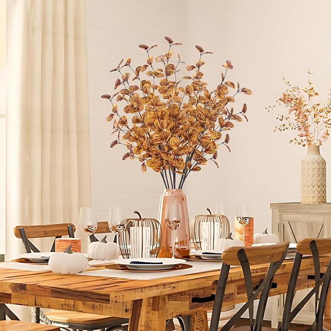 6pcs Artificial Fall Eucalyptus Stems Leaves Fall Decorations Silk Fake Eucalyptus Branches for Vase Boquets Autumn Home Wedding Table Thanksgiving Decor Yellow