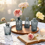 Grey Bud Vases in Bulk 24, Embossed Glass Small Vases for Flowers, Vintage Mini Flower Vase for Centerpieces, Wedding Decoration, Party, Baby Shower, Birthday, Home Decor, Living Room, Office