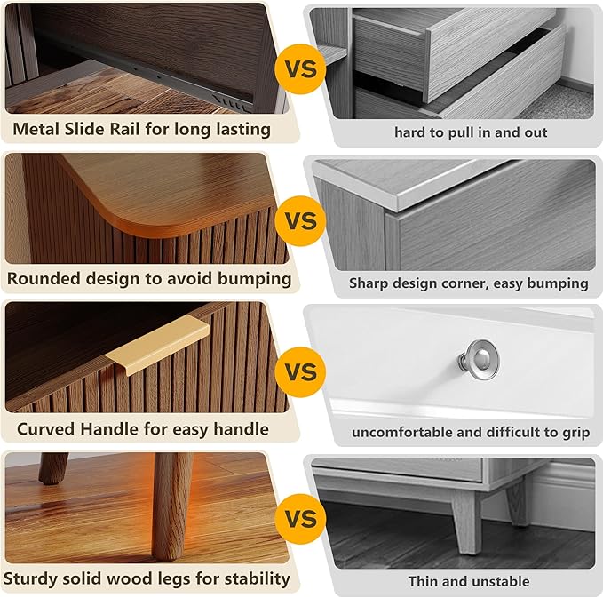 Alohappy Fluted 6 Drawer Dresser with Charging, 57" Wide Wood Dresser TV Stand, Mid Century Modern Long Dressers with Curved Profile Design for Closet, Bedroom Living Room, Hallway, Home Office