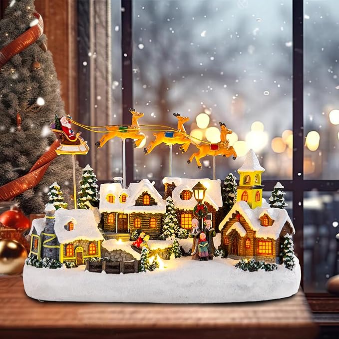 taman Christmas Village Collectible Buildings - Santa Claus Riding Sleigh with 3-Elk Warm Light Christmas Ornaments for Holiday Decorations