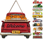 Interchangeable Welcome Sign for Front Door Red Farmhouse Truck Decor Hanging Sign with 11 Interchangeable Seasonal and Holiday Decor Signs 12x14 in. (Country Rustic)