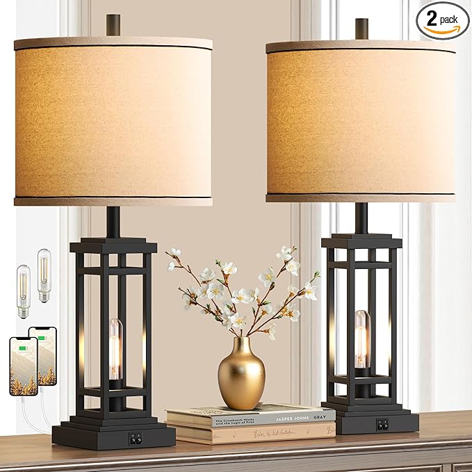 ROTTOGOON 27.5 Tall Farmhouse Table Lamps with USB C + USB A Charge Ports, Rustic Living Room Lamps Set of 2, Black Industrial End Table Lamp for Bedroom Living Room Nightstand (Black)