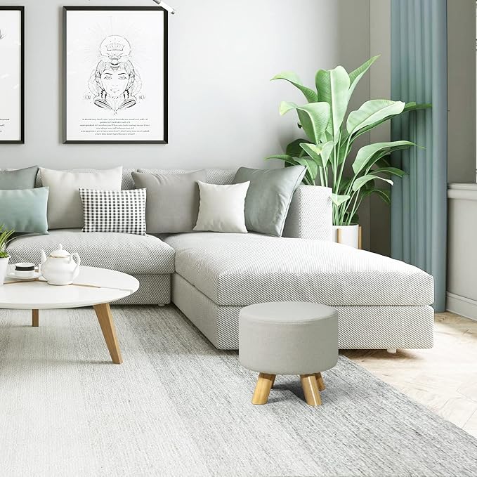 Asense Small Round Ottoman Foot Rest Stool Fabric Padded Seat Footstool Ottoman with Wooden Legs (Beige Grey,Fabric)