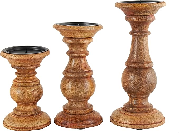 Deco 79 Mango Wood Decorative Candle Holder Turned Style Pillar Candle Stand, Set of 3 Candlestick Holder 10",8",6"H, Brown