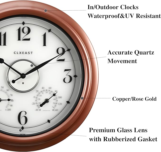 CLXEAST 18 Inch Illuminated Outdoor Indoor Clocks with Smart Sensor,Modern Farmhouse Lighted Wall Clock with Temperature and Humidity for Patio, Garden Decor,Copper/Rose Gold Finish