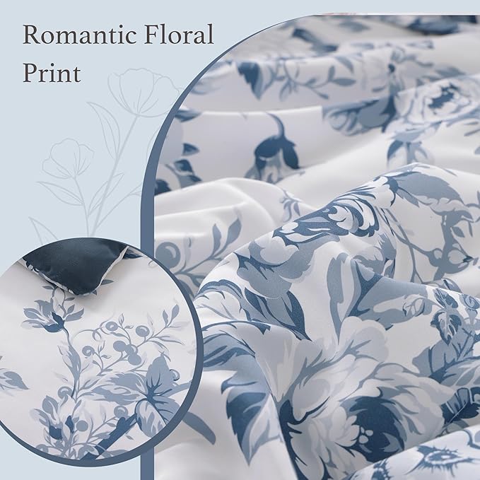 Full Comforter Set -7 Pieces Floral Blue Comforter Set for All Seasons, Bed in a Bag Full with Botanical Flowers Comforter, Sheets, Pillowcases & Shams