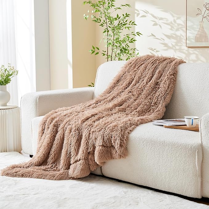 GONAAP Fuzzy Faux Fur Throw Blanket Twin Size Taupe Super Soft Cozy Plush Fuzzy Shaggy Blanket for Couch Sofa Bed (Taupe, Twin(60"x80"))