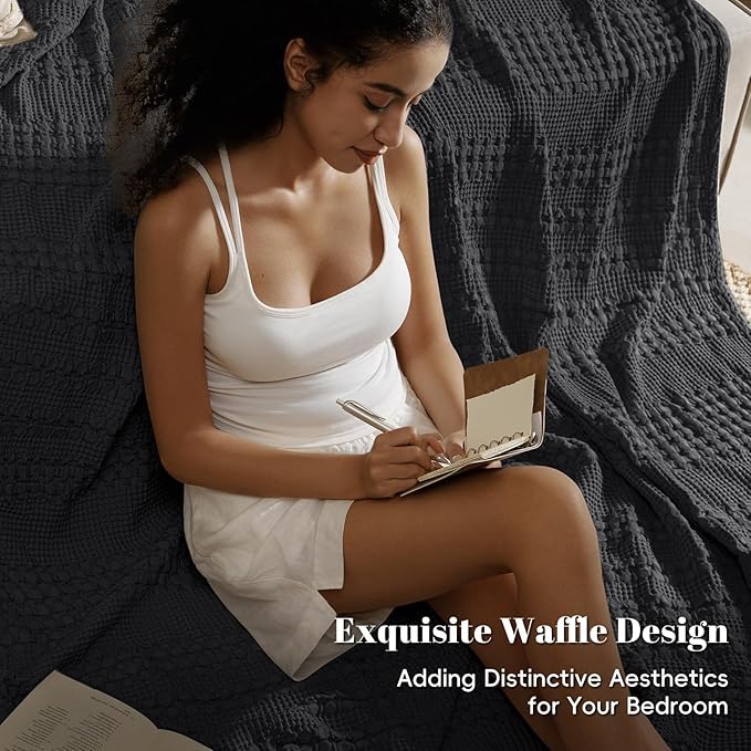 PHF 100% Cotton Waffle Weave Blanket Queen Size, Soft Lightweight Breathable Cozy Summer Blankets for Bed, Luxury Aesthetic Woven Bedding for Home Decor, 90"x90", Black