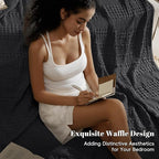 PHF 100% Cotton Waffle Weave Blanket Queen Size, Soft Lightweight Breathable Cozy Summer Blankets for Bed, Luxury Aesthetic Woven Bedding for Home Decor, 90"x90", Black