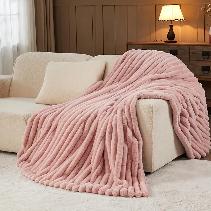 NEWCOSPLAY Faux Fur Twin Blanket Pink 3D Ribbed Plush Thick Warm Blanket for Couch Sofa Bed 850GSM (Pink Ribbed, Twin(60"x80"))