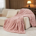 NEWCOSPLAY Faux Fur Twin Blanket Pink 3D Ribbed Plush Thick Warm Blanket for Couch Sofa Bed 850GSM (Pink Ribbed, Twin(60"x80"))