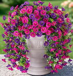 2 PCS Artificial Faux Hanging Flowers Plants for Outdoor Decor,Fake Silk Morning Glory with Eucalyptus UV Resistant Realistic Vines for Wall Home Porch Patio Balcony Yard Decor, Purple and Fuchsia