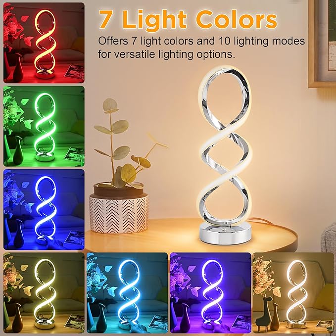 Modern Spiral RGB Table Lamp, Touch Dimmable Bedside Lamp, 7 Colors 10 Light Modes Spiral Design Table Lamp, Unique Nightstand Lamp for Living Room, Bedroom, Cool Lamps, Sliver