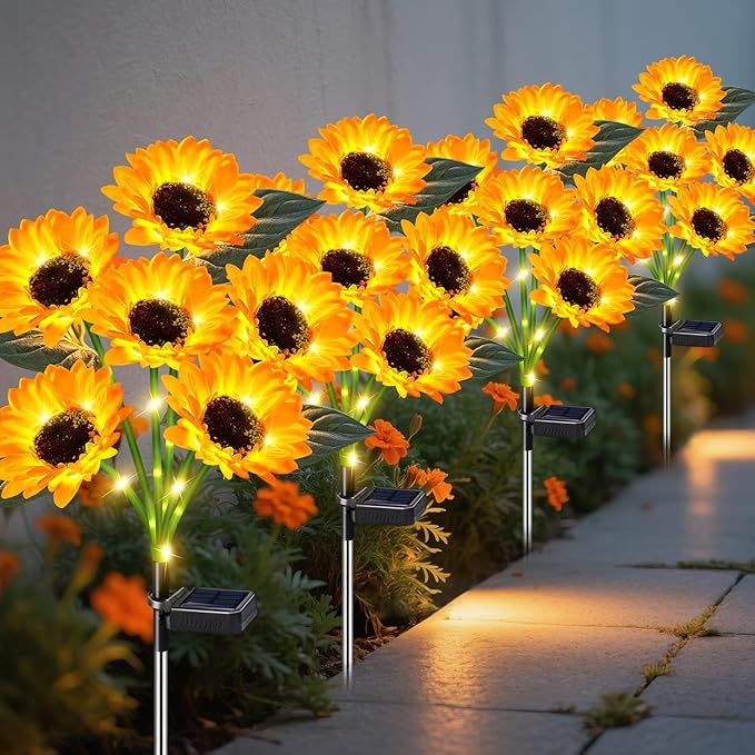Sunflower Solar Lights Outdoor Decor, 4 Pack Solar Garden Decor 24 Waterproof Solar Sunflower Outdoor Lights for Garden Patio,Flower Bed, Pathway, Gift for Women, Mom, Grandma