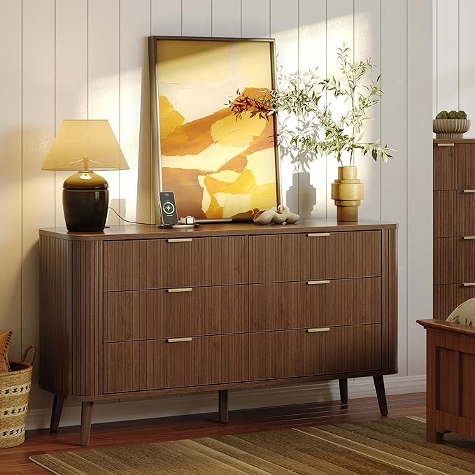 Alohappy Fluted 6 Drawer Dresser with Charging, 57" Wide Wood Dresser TV Stand, Mid Century Modern Long Dressers with Curved Profile Design for Closet, Bedroom Living Room, Hallway, Home Office