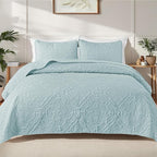 Exclusivo Mezcla Twin Quilt Bedding Set with 1 Pillow Sham, Lightweight Light Blue Twin Size Quilt Bedspread with Vintage Damask Pattern, Soft Bedspreads Coverlets for All Seasons