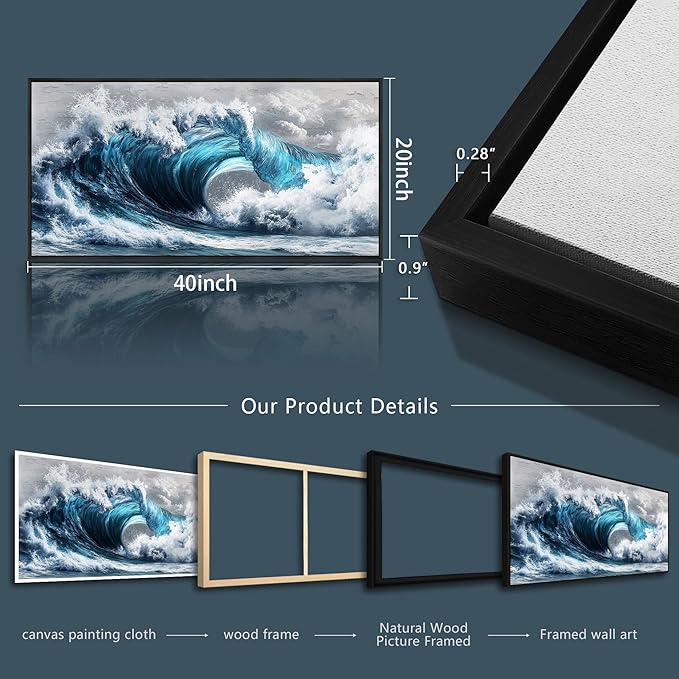 PHAOHUAXM Blue Wave lPaintings Wall Art For Living Room Wall Decor For Bedroom Ocean Inspiration Wall Pictures Office Decor Posters Modern Printing Canvas Artwork Home Decor Black Framed 20x40 In