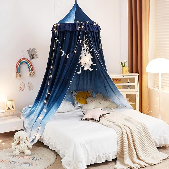 Kertnic Decor Canopy for Kids Bed, Soft Smooth Playing Tent Canopy Girls Room Decoration Princess Castle, Dreamy Mosquito Net Bedding, Children Reading Nook Canopies in Home (Night Sky-Ruffle)