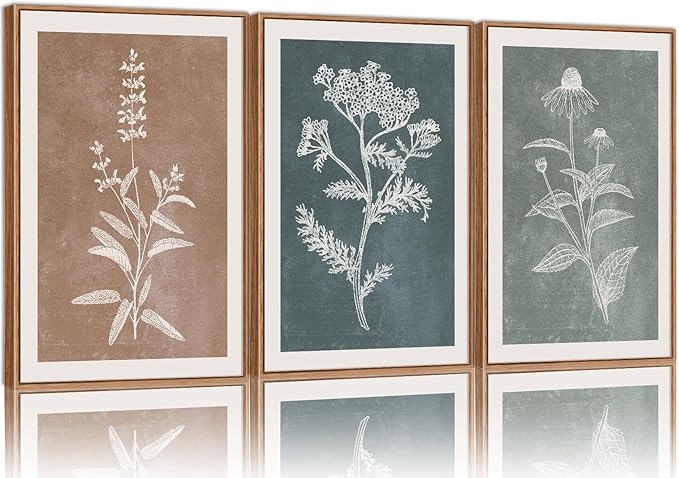 SIGNINART Neutral Botanical Framed Canvas Wall Art Set, Vintage Floral Wall Decor, Boho Minimalist Plant Wall Painting, Art Print for Farmhouse Living Room, Bedroom, Office, Bathroom 16"x24"x3
