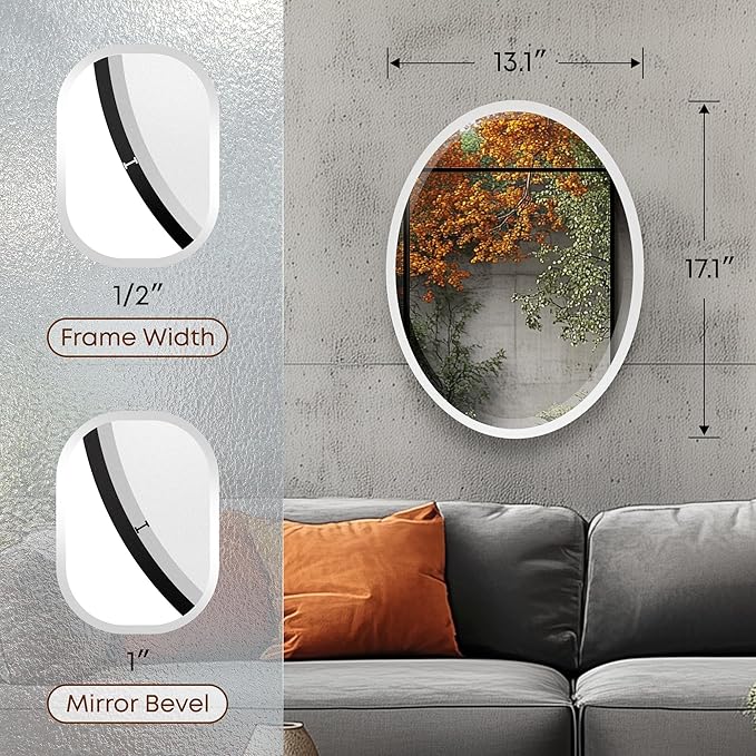 OVALCREST - Oval Wooden Beveled Wall Mirror for Home Decor, Bathroom, Vanity, Bedroom, Living Room, Hallway - London Style (Linen White) 25.1 x 37.1