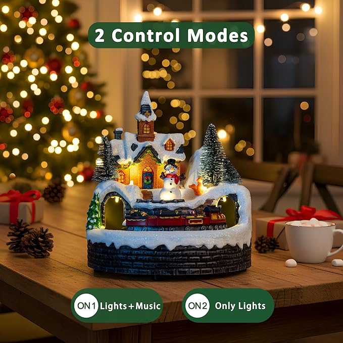 Animated Musical Christmas Village Figurines Christmas Collectibles Statues Church Building and Snowman with Rotating Train LED Lights, Battery & USB Home Decor Gifts Festive Holiday Decorations
