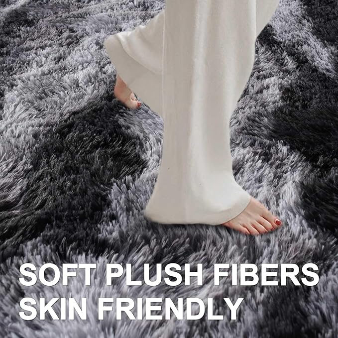 5x7 Ft Large Shag Rugs for Bedroom Living Room for Men Boys, Tie Dyed Ultra Soft Fluffy Furry Area Rug for Indoor Floor, Aesthetic Carpet for Home Decor (Black)