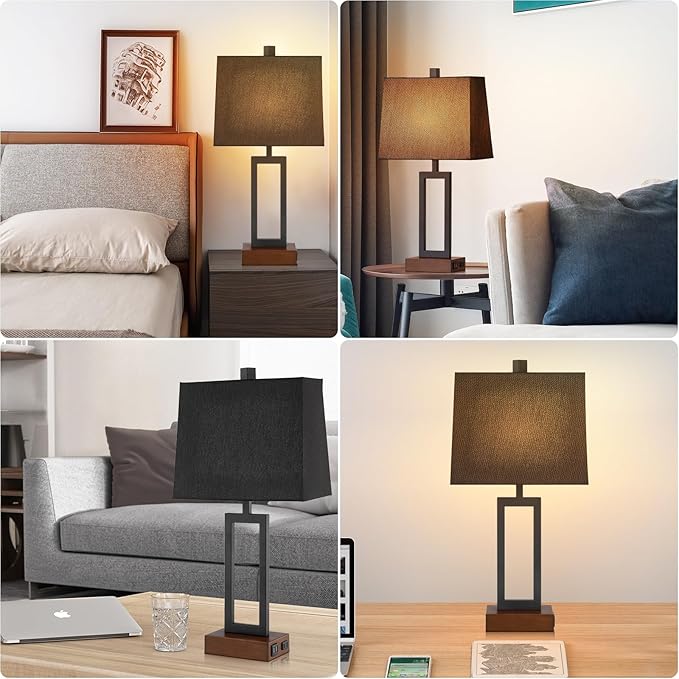 Touch Control Table Lamps Set of 2, Modern Bedside Lamps with 2 USB Charging Ports & AC Outlet, 3-Way Dimmable Wood Nightstand Lamp for Living Room Bedroom End Table Office Black(2 LED Bulbs Included)