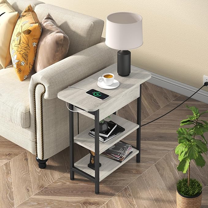 LIDYUK End Table with Charging Station, Flip Top Side Table with USB Ports and Outlets, Nightstand for Small Spaces, Bedside Tables with Storage Shelf for Living Room, Bedroom, Light Grey