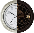CLXEAST 18 Inch Illuminated Outdoor Indoor Atomic Analog Wall Clock with Temperature & Humidity Combo, Lighted Outdoor Clocks for Patio Large Waterproof with Thermometer, Modern Morning Silver/Gold
