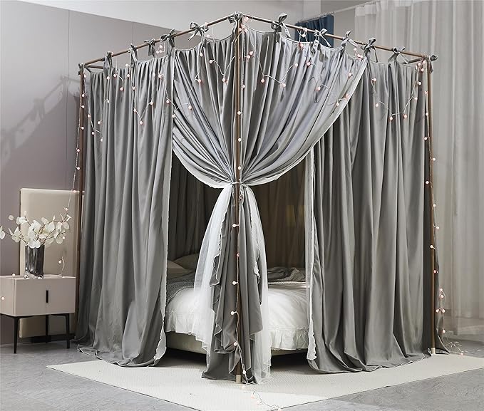 4 Corners Post Princess Curtain Bed Canopy Double Layer Cozy Mosquito Net Mesh and Cloth for Girls Adults Bedroom Decoration (Double-Grey/White, 64" W*82" L*82"*H/(Queen))