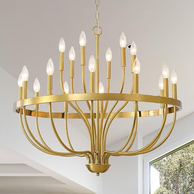 Gold Chandelier 18-Light Candle Chandelier Modern Farmhouse Pendant Lighting Fixture for Dining Room Bedroom Living Room Kitchen Island Foyer Entryway E12 Bulb Vintage Golden Ceiling Light