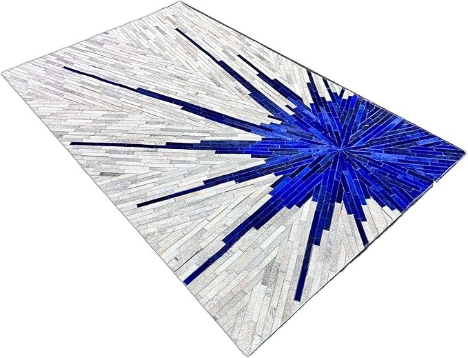 Faux Cowhide Area Rug | Radiating Starburst Pattern Non-Slip Leather Carpet for Western, Farmhouse & Modern Home Décor – Living Room, Bedroom & Office Accent(Blue&Grey_8x10)