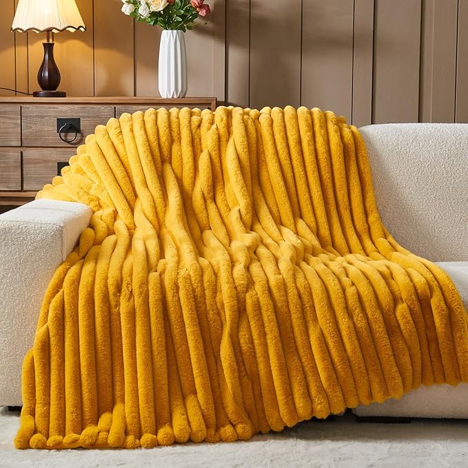 NEWCOSPLAY Faux Fur Twin Blanket Mustard Yellow 3D Ribbed Plush Thick Warm Blanket for Couch Sofa Bed 850GSM (Mustard Yellow Ribbed, Twin(60"x80"))