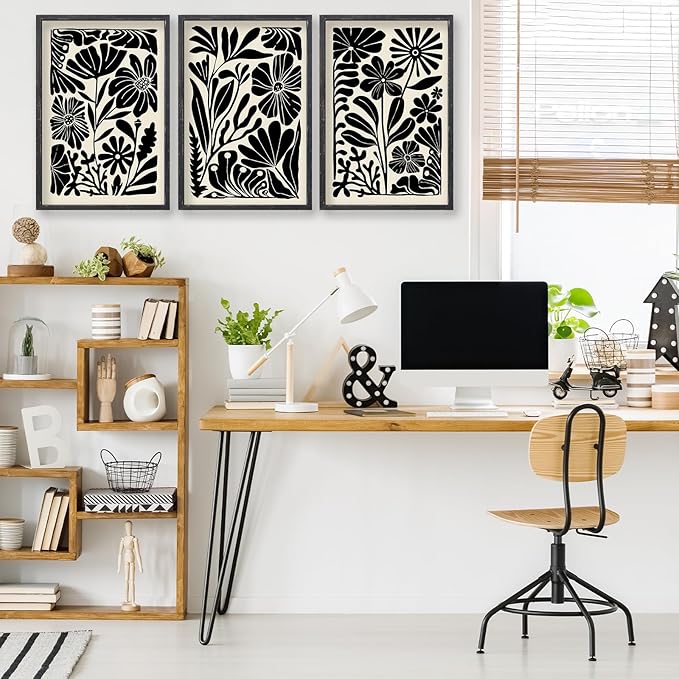 Abstract Floral Botanical Wall Art 16x24 Inch 3 Piece Black Vintage Boho Plant Flower Minimalist Wood Frame Sign Home Living Room Family Office Mid Century Print Wall Hanging Decor (Black)