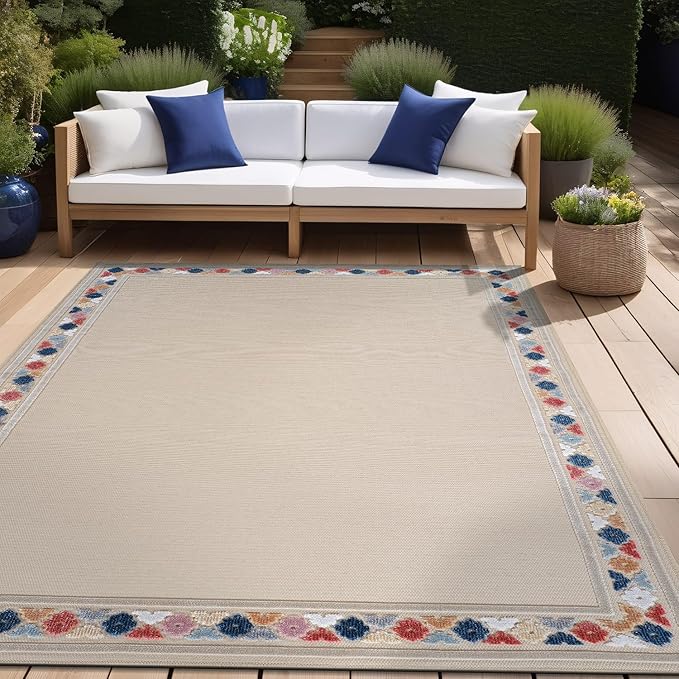 Beverly Rug Outdoor Rug 8x10 Modern Bordered Area Rugs for Indoor and Outdoor Patio Easy to Clean Non Shedding Living Room Porch Garden Washable Outside Carpet (8 x 10 Beige)