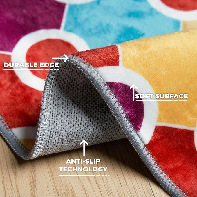 Machine Washable Polka Dot Rug for Kids Area - Multicolor Soft Rug for Nursery/Playroom/Classroom - 5x8