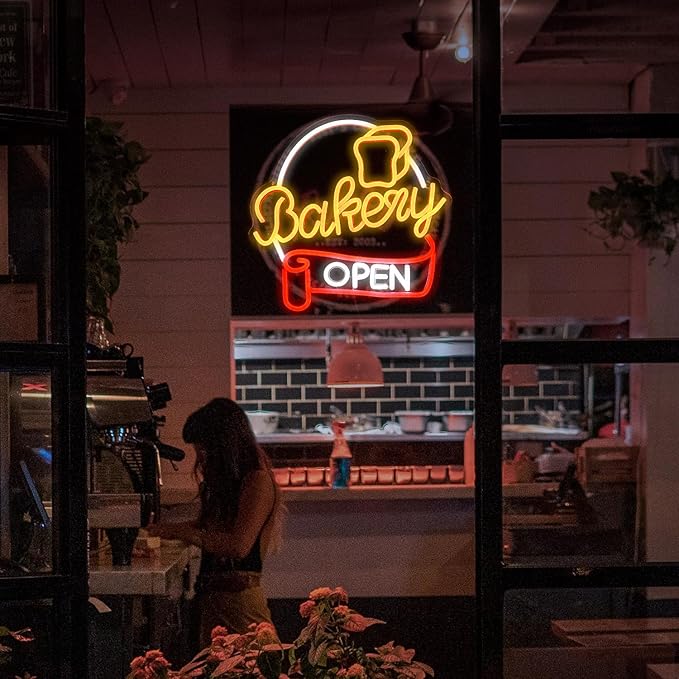 Dimmable Bakery Open Neon Sign USB Open Light Up Sign for Wall Decor Brighter LED Bakery Open Neon Light for Bakery Cake Shop Dessert House Business Decor(12.8 * 12.8 In)