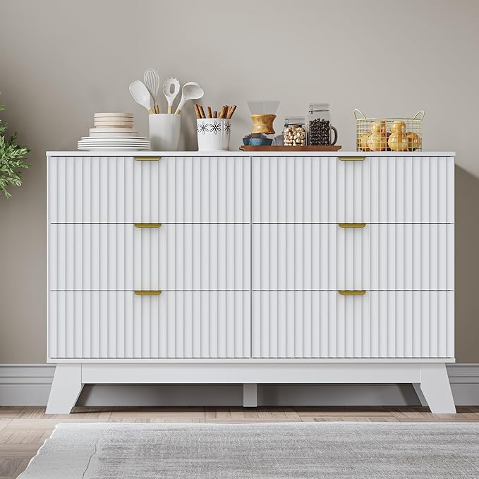 Fluted 6 Drawer Dresser, 47.2" Wide Modern Boho Chest of Drawers, Wooden Storage Dresser TV Stand for Bedroom, Living Room, Closet, Hallway, Curved Profile Design