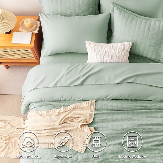 CozyLux Queen Comforter Set Sage Green Seersucker 7 Pieces Bed in a Bag Queen Comforter Set with Sheets Luxury Soft Bedding Set with Down Alternative Comforter, Sheets, Pillowcases & Shams All Season