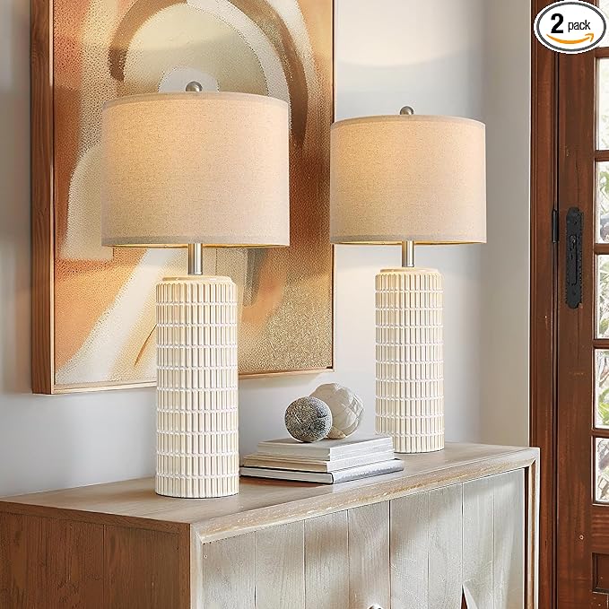 PoKat 27.5'' Tall Table Lamps for Living Room Set of 2, Ceramic Bedroom Lamps for Night Stands, Modern Bedside Lamps for Bedroom Living Room, Nightstand Lamps for End Table, Hallway, Gold and White