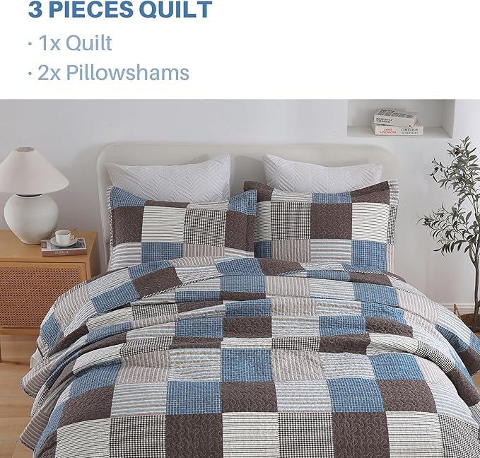 PANGUSHAN 100% Cotton Quilt Set King Size, Patchwork Plaid King Quilt Bedding Set Bedspreads, Farmhouse Lightweight Comforter Reversible Quilt, Blue/Brown Bed Spread for King Bed, 3 Pieces